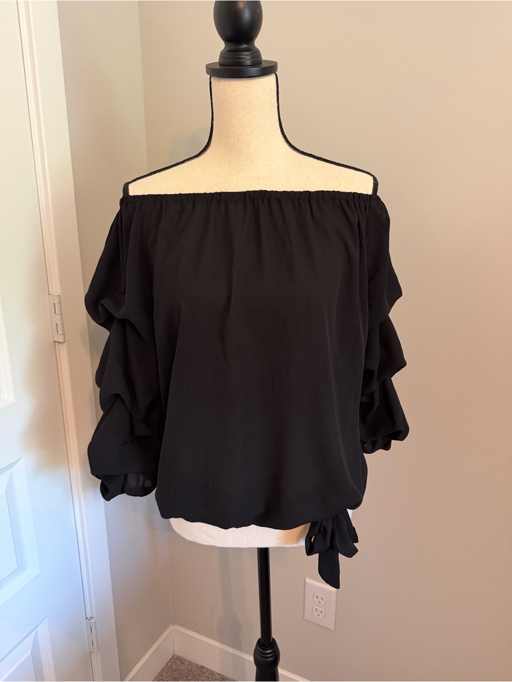CeCe Black Off-Shoulder Ruffle Sleeve Top with Side Tie